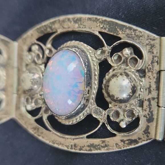 VINTAGE STERLING SILVER OPAL LARGE LINK BEAUTIFUL BRACELET. - Picture 7 of 9